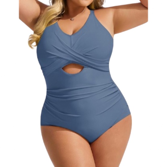 Women’s Plus Size Tummy Control Mesh Cutout Twist Front One Piece Bathing Suit - Picture 1 of 5